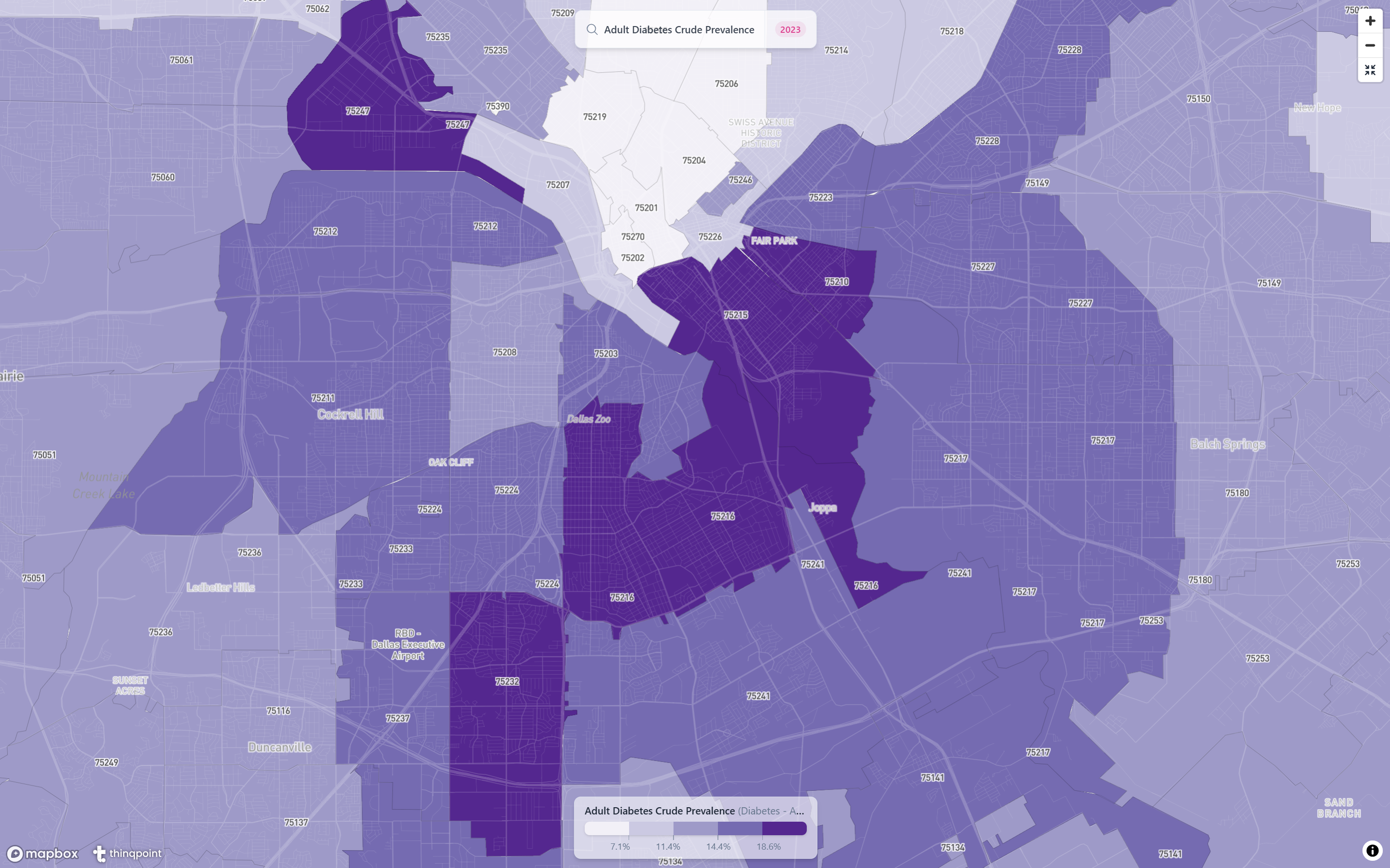 Service area choropleth showing diabetes prevalence across an example geography.